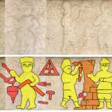 Un particolare rilievo � presente quasi sulla parte angolare del palazzo: tre figure maschili, due sulla destra e una sulla sinistra ritratte in un�ambiente di lavoro edile. Vi sono anche una serie di oggetti da lavoro usati dai muratori e naturalmente non mancano il compasso e la squadra, simboli per eccellenza della Massoneria e delle antiche corporazioni massoniche
